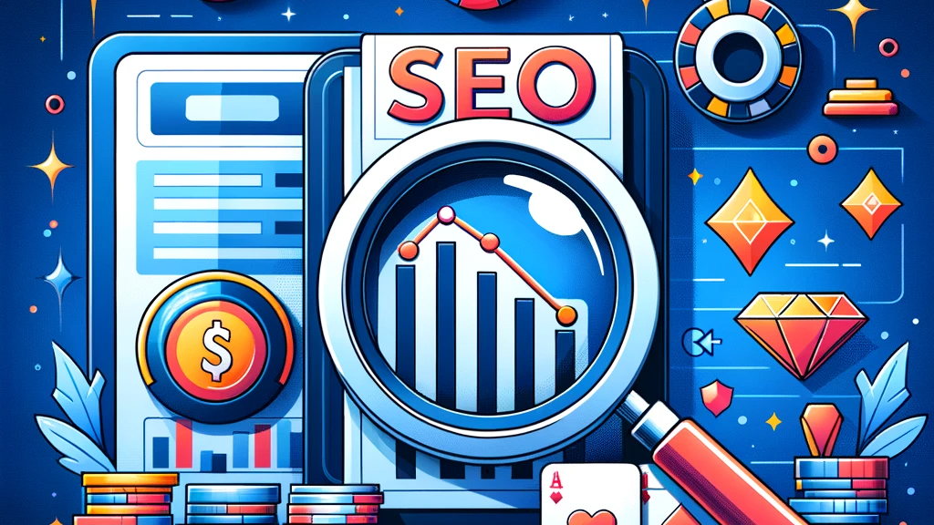 Graphic illustration depicting the analysis and evaluation of iGaming SEO performance, with elements like charts, magnifying glass, and iGaming symbols.