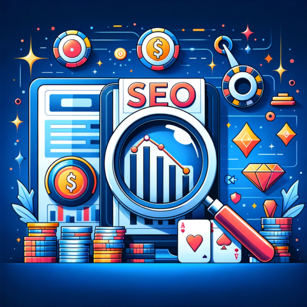 Graphic illustration depicting the analysis and evaluation of iGaming SEO performance, with elements like charts, magnifying glass, and iGaming symbols.