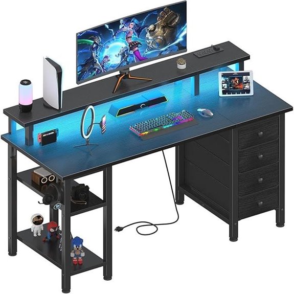 Lufeiya Black Gaming Desk with LED Lights and Storage
