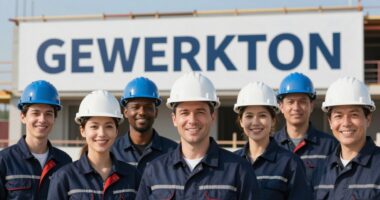 Group photo on a construction site: eight people in navy work clothes with blue and white hard hats in front of a site sign reading GEWERKTON